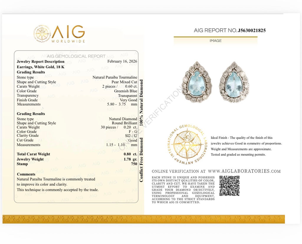 Orecchini Tourmaline Paraiba Neon blue e diamanti Naturali Oro bianco 18k