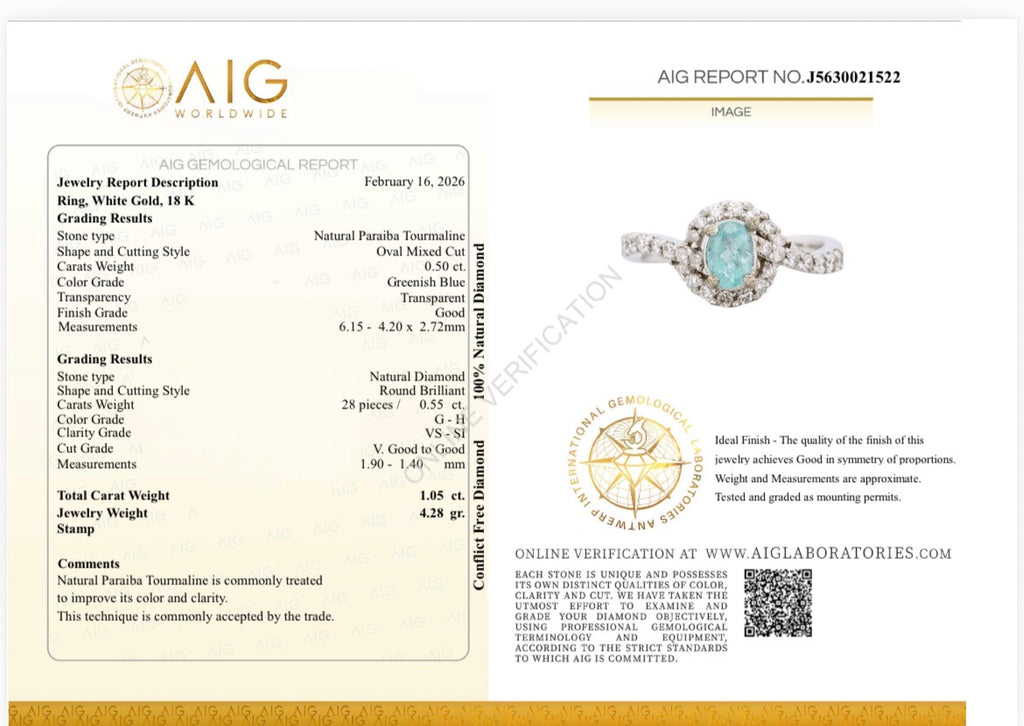 Anello Tourmaline Paraiba neon blue, diamanti naturali oro bianco 18k Certificati Italiani