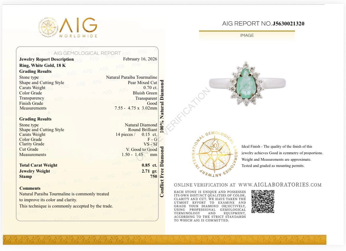 Anello Tourmaline Paraiba neon blue green, diamanti naturali, oro bianco 18k.