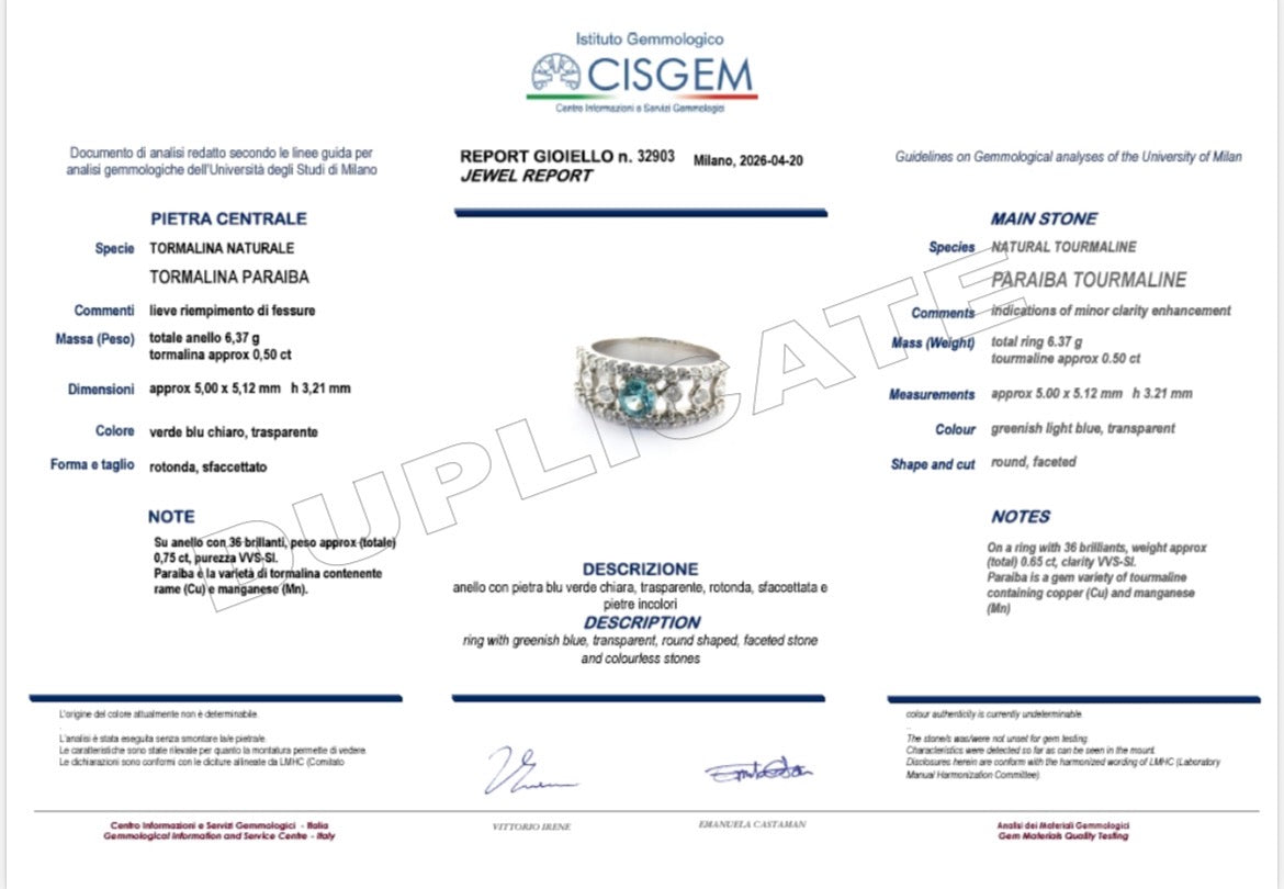 Anello Tourmaline Paraiba Natural neon blue, diamanti, Oro bianco 18k Certificati Italiani